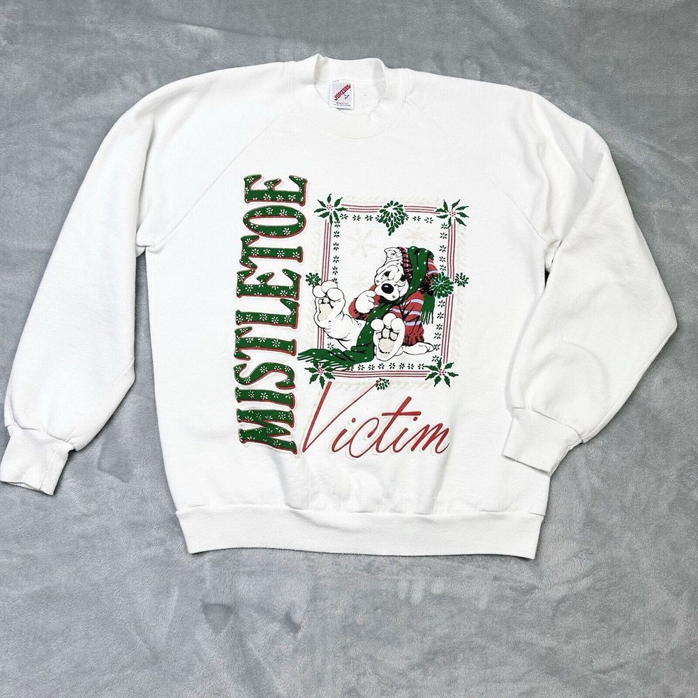 Christmas Crewneck Sweatshirt Womens Large Vintage White Mistletoe Victon Dog